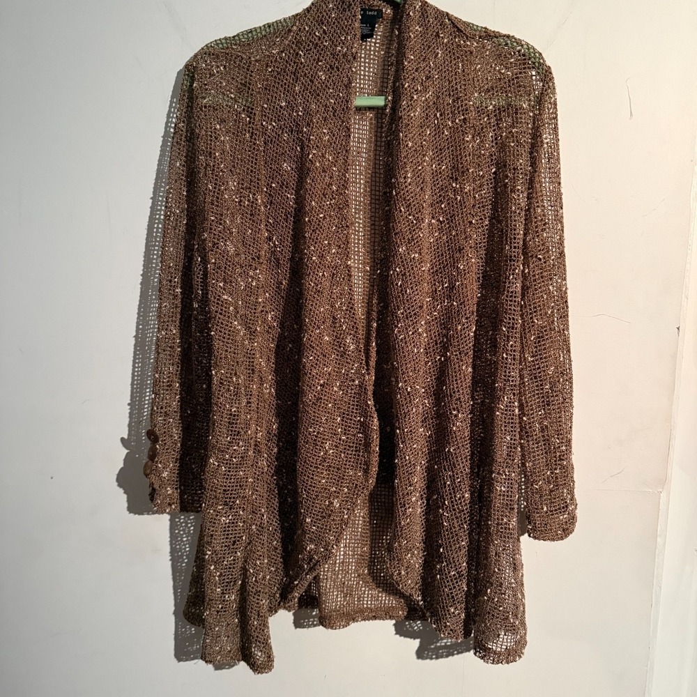 Katie Todd‎ Large Lagenlook Textured Knit Cardigan Woven Mesh Brown Granola Boho